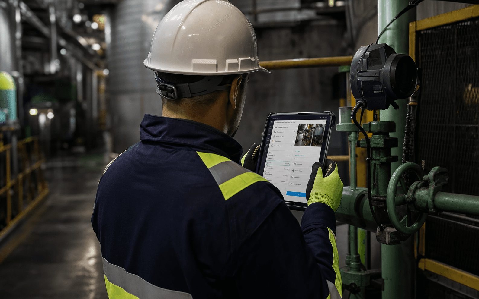 Field technician using a connected tablet application in an industrial facility