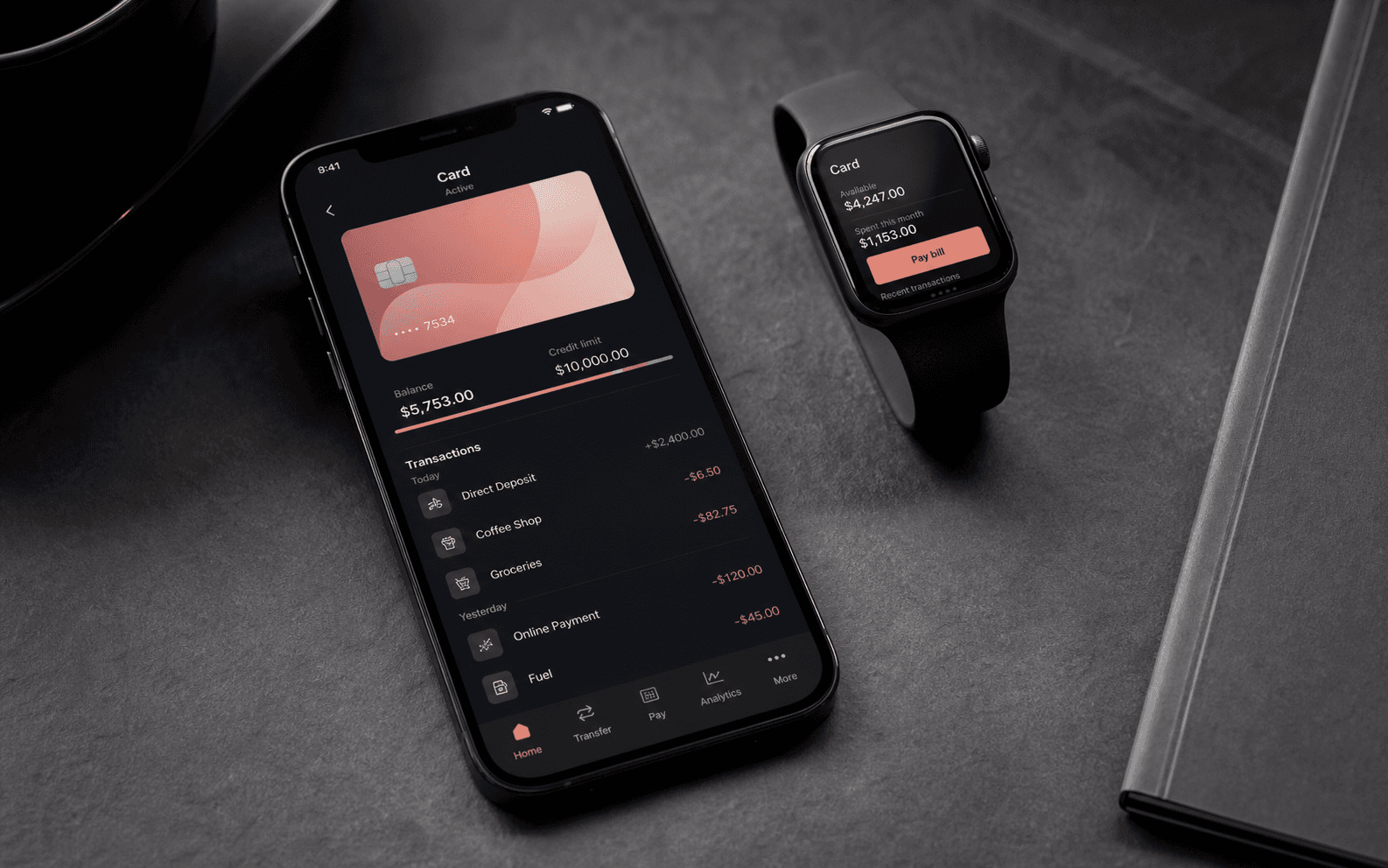 Close view of a finance application and connected smartwatch interface