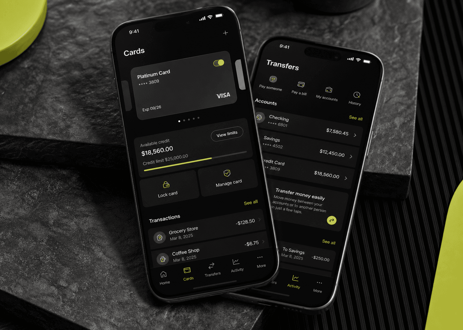 Premium smartphones displaying a dark fintech mobile application