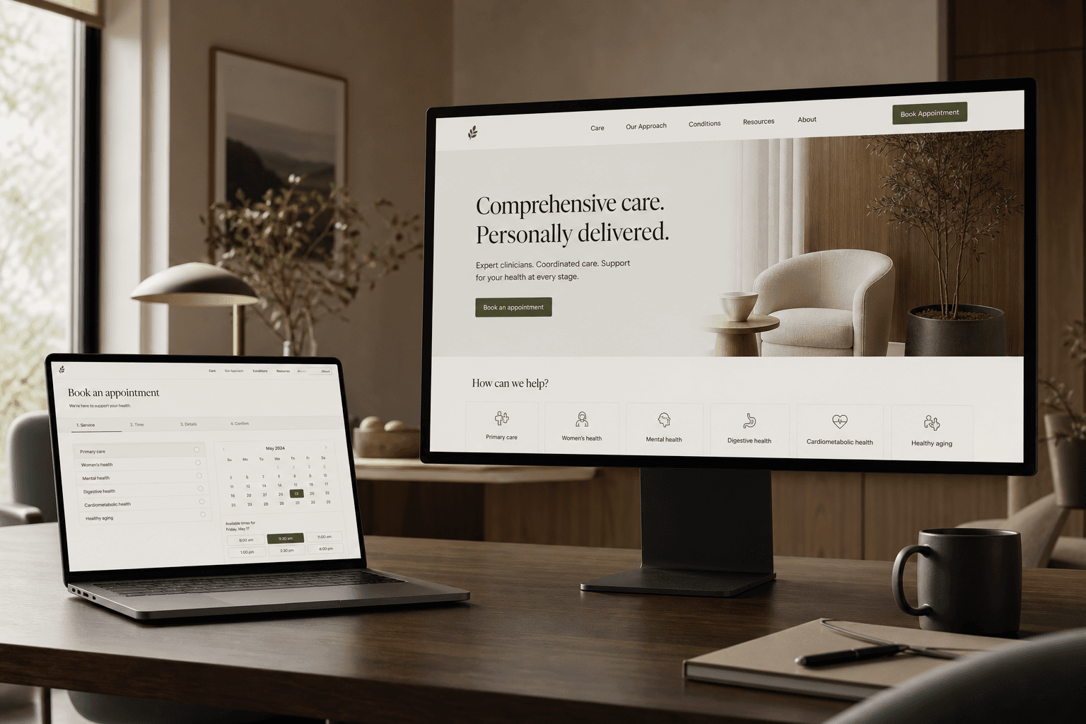 Healthcare website displayed on a desktop monitor and laptop