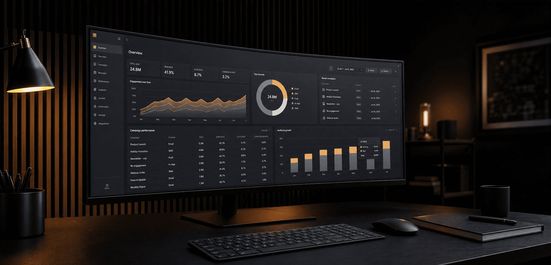 Enterprise SaaS analytics interface on an ultrawide studio monitor