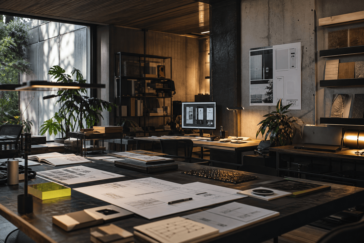 Refined independent digital studio with warm timber and concrete finishes