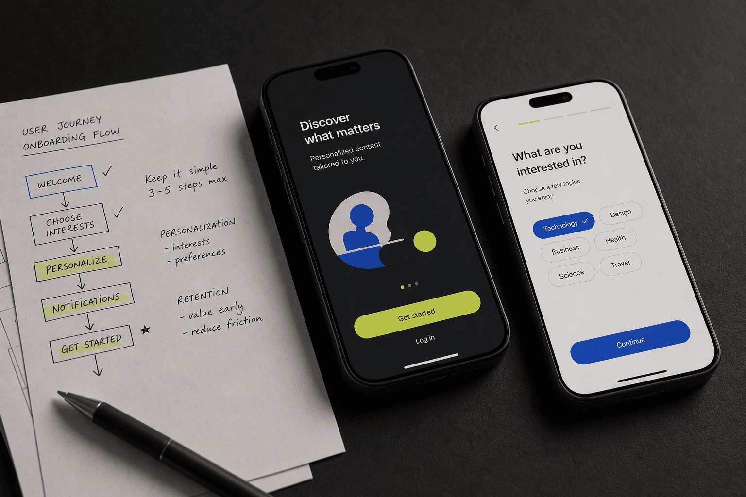 Mobile product screens and onboarding journey notes on a dark studio desk