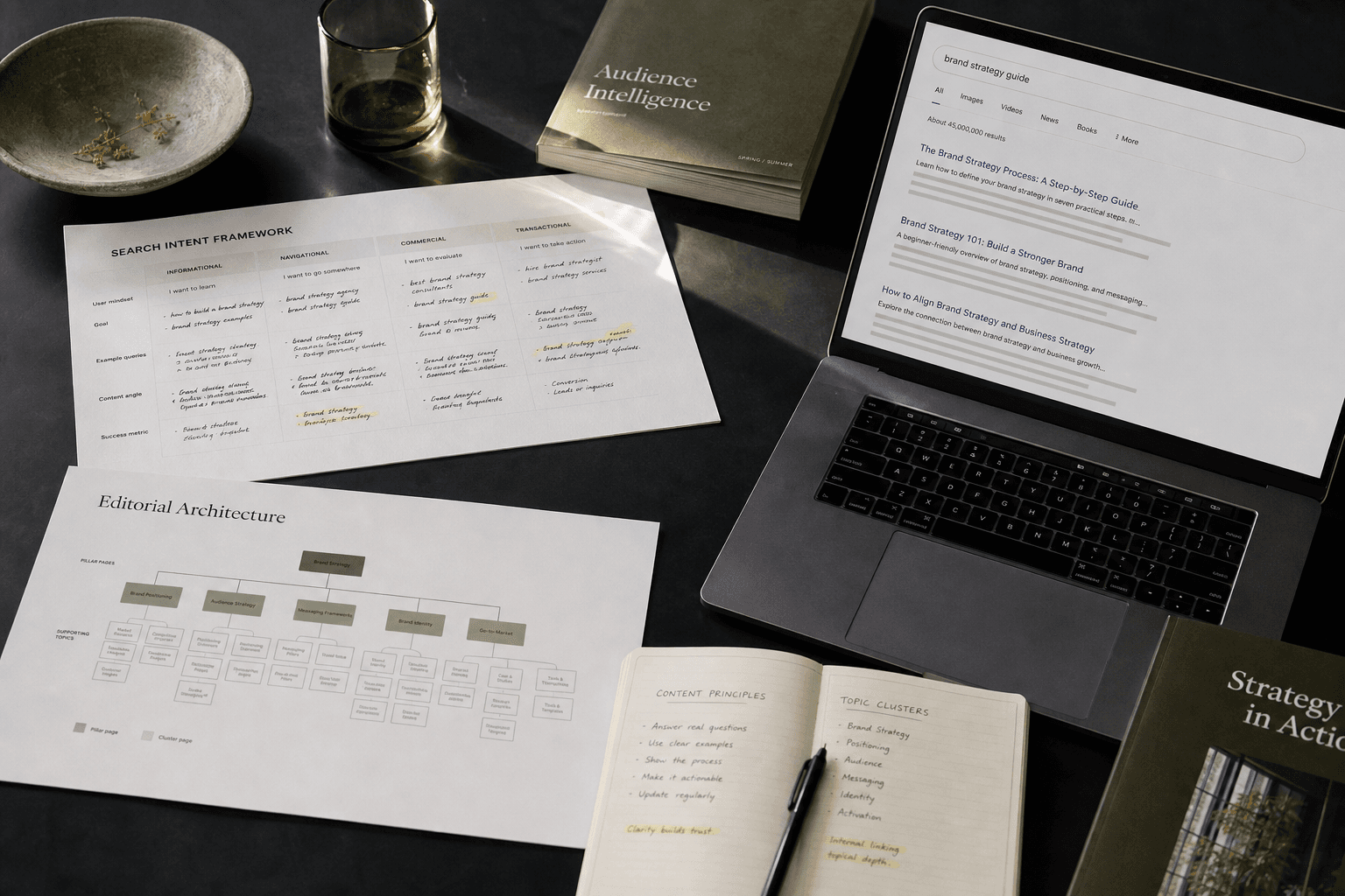 Search demand map and editorial planning materials arranged in a studio