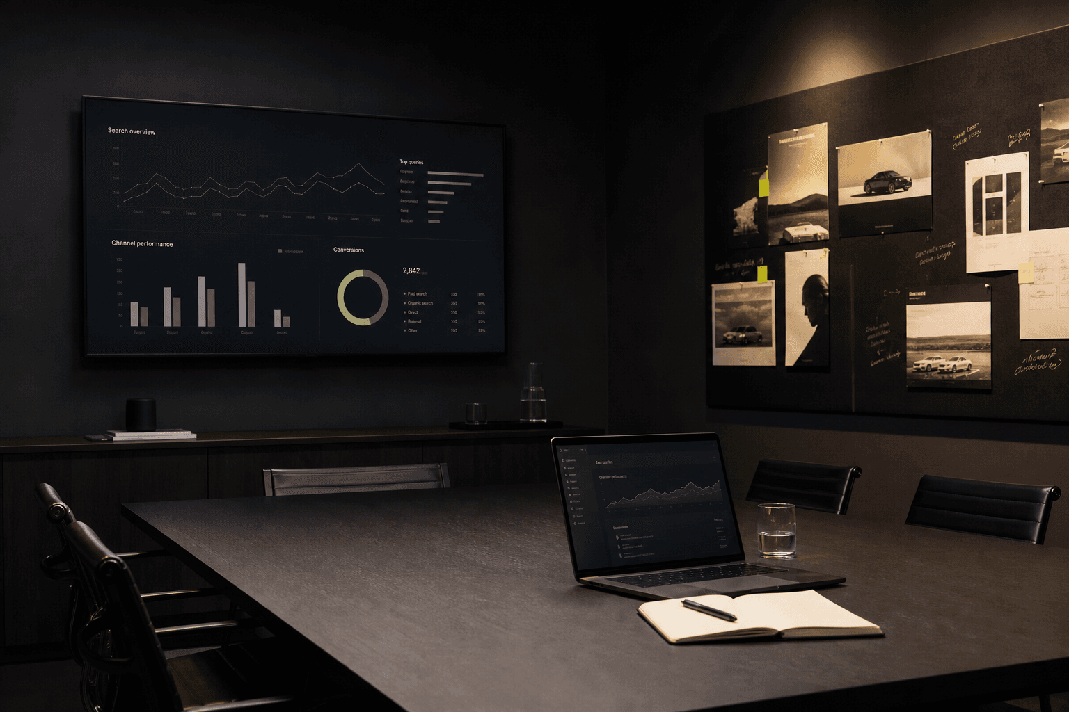 Premium campaign review room with search, channel, and conversion reporting