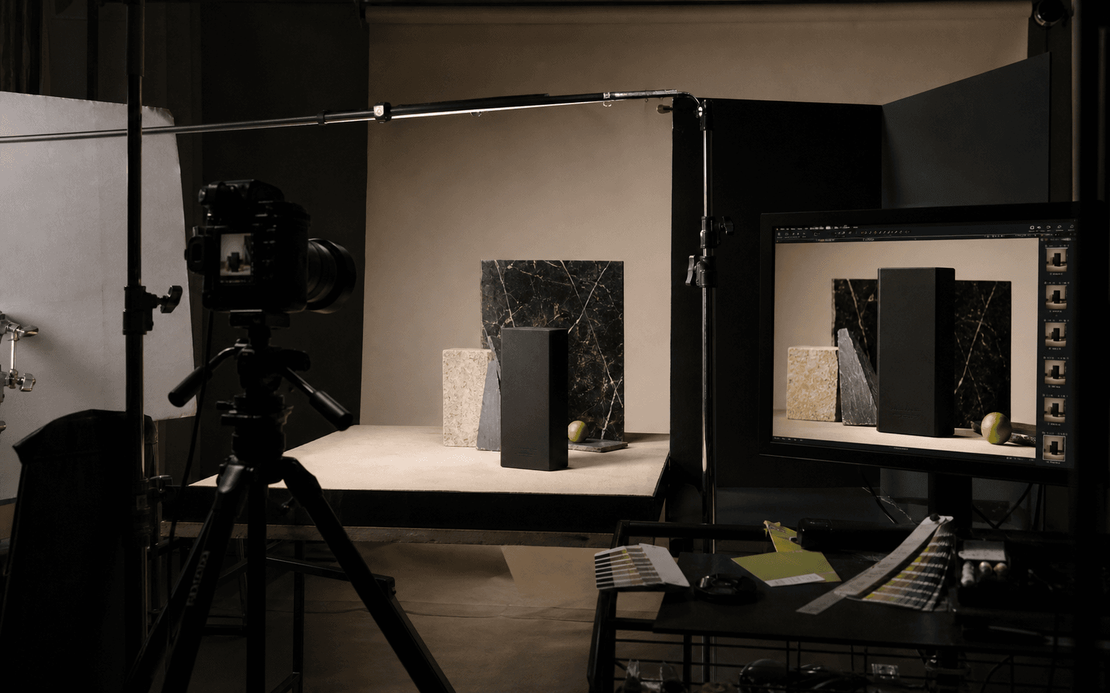 Behind-the-scenes product campaign photography set with professional equipment