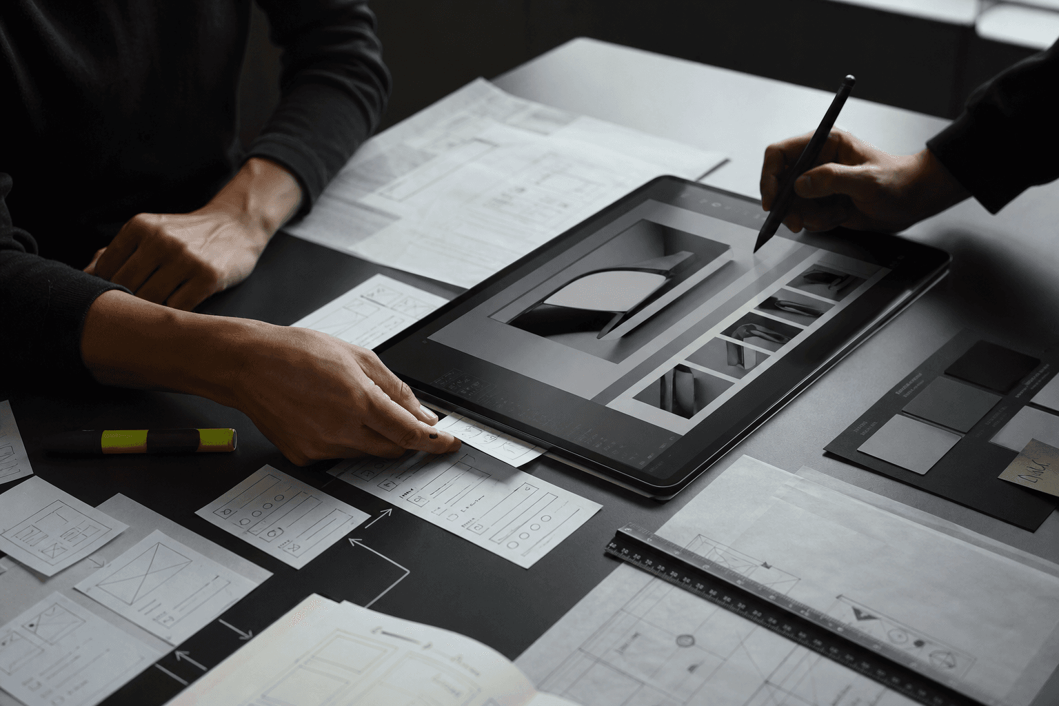 Designers developing a digital product with paper wireframes and a pen tablet