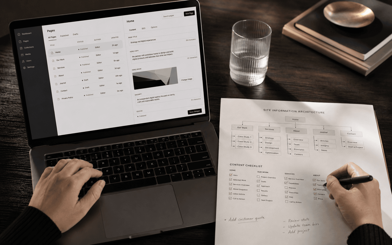 Content editor reviewing a website CMS and printed information architecture