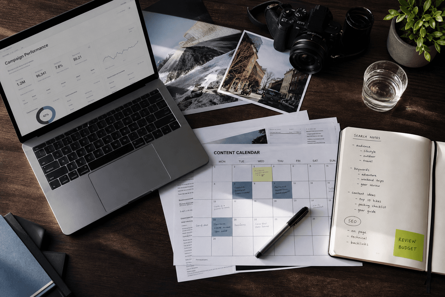 Editorial digital campaign planning workspace viewed from above
