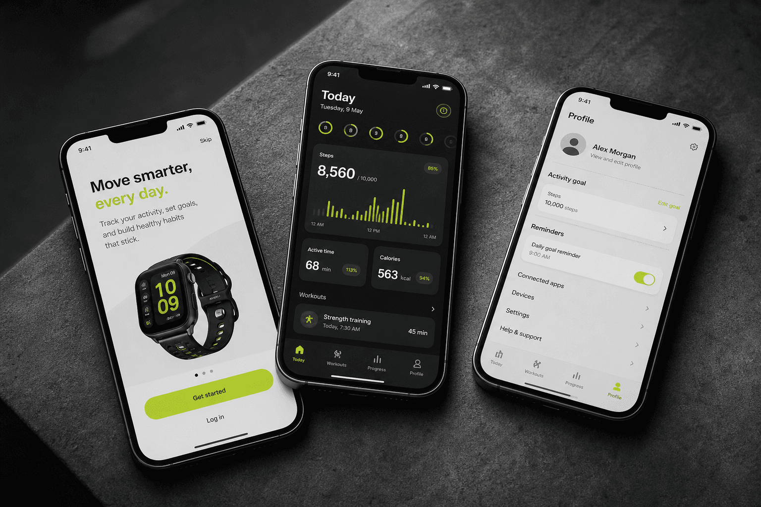 Three smartphones displaying a refined mobile product interface