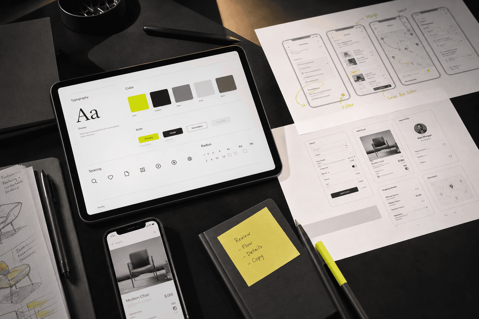 Tablet design system, wireframes, and mobile interface prototype