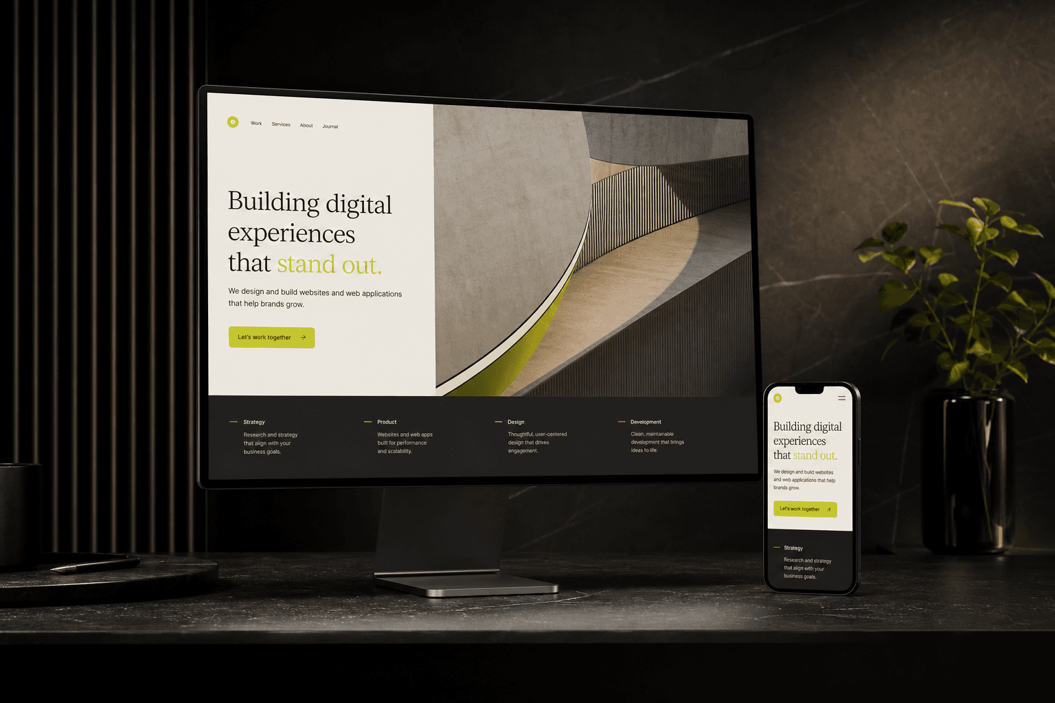 Responsive website experience displayed on a premium desktop and phone