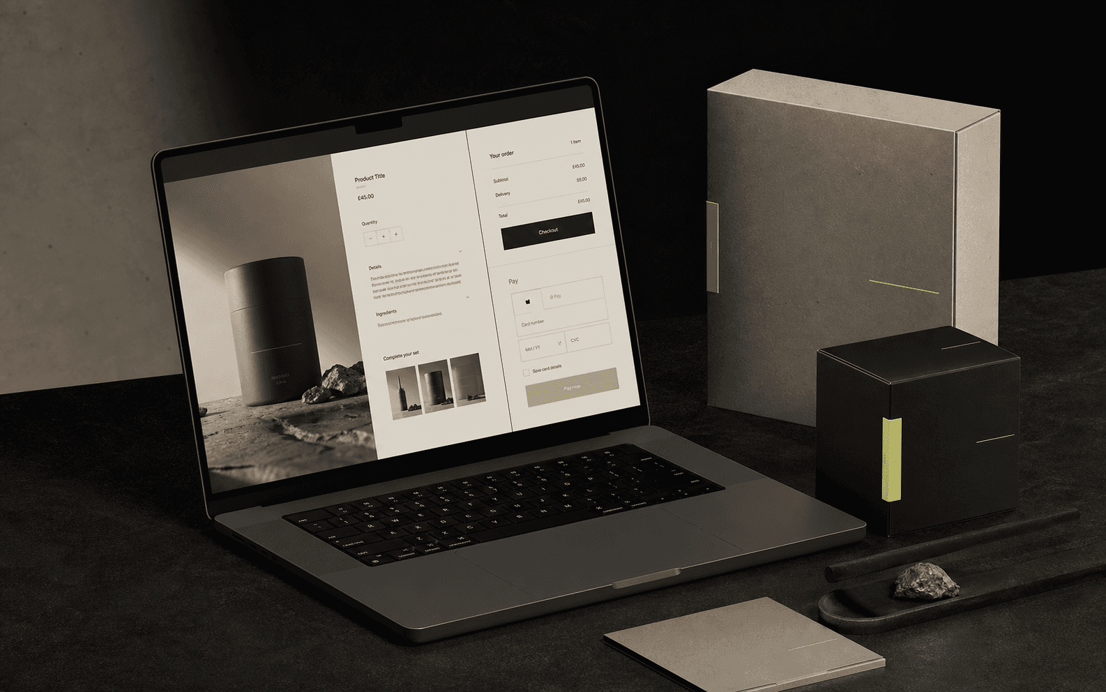 Premium ecommerce checkout experience beside tactile product packaging