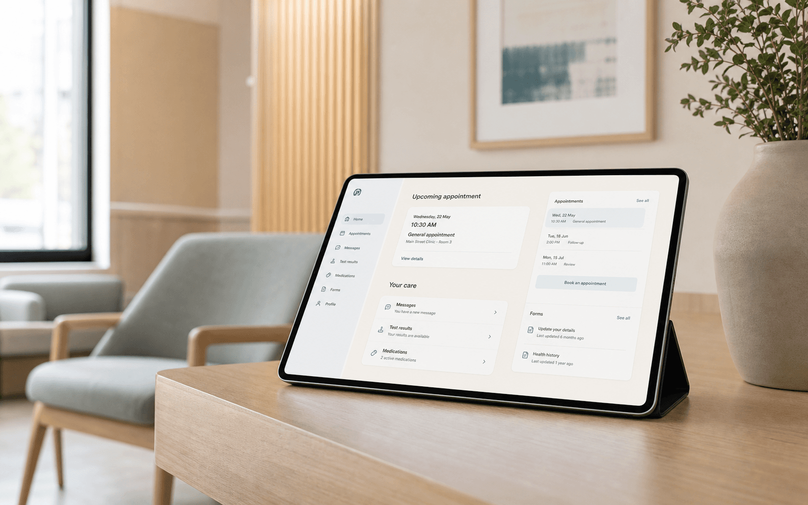 Healthcare patient portal displayed on a tablet in a calm clinic environment