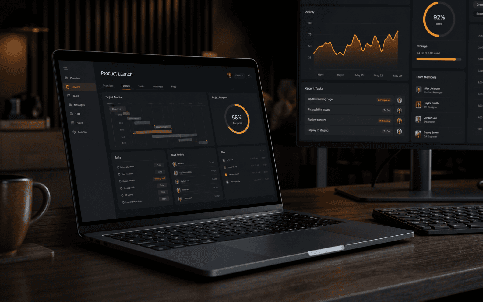 Collaborative SaaS workflow displayed across a laptop and desktop monitor